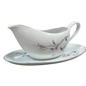 Cherry Blossom Fine China Japan 1067 Gravy Boat and Under Plate Floral White